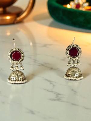 Golden glamour antique jhumka earrings with green stone & pearl detailing 3