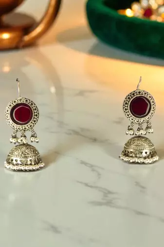 Golden glamour antique jhumka earrings with green stone & pearl detailing