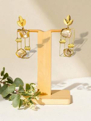 Golden glamer modern leaf & pearl drop earrings – contemporary gold-tone statement jewellery for women 1