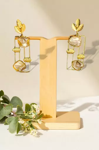 Golden glamer modern leaf & pearl drop earrings – contemporary gold-tone statement jewellery for women