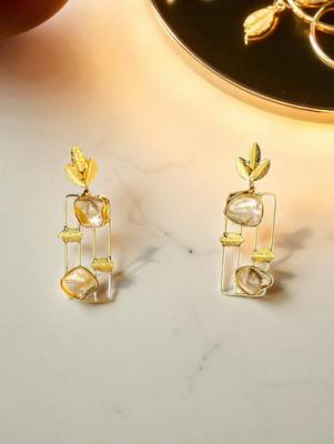 Golden glamer modern leaf & pearl drop earrings – contemporary gold-tone statement jewellery for women 3