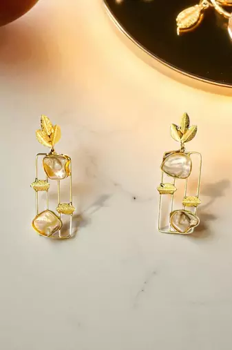 Golden glamer modern leaf & pearl drop earrings – contemporary gold-tone statement jewellery for women