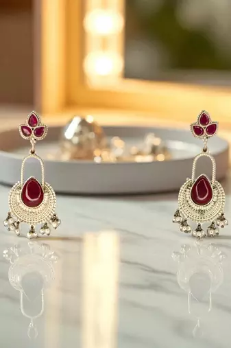 Golden glamour silver replica ruby drop earrings