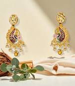 Golden glamer gold-tone peacock meenakari earrings with kundan & pearl drops – traditional ethnic jewellery for women"