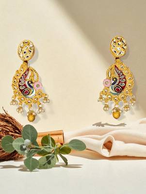 Golden glamer gold-tone peacock meenakari earrings with kundan & pearl drops – traditional ethnic jewellery for women" 2