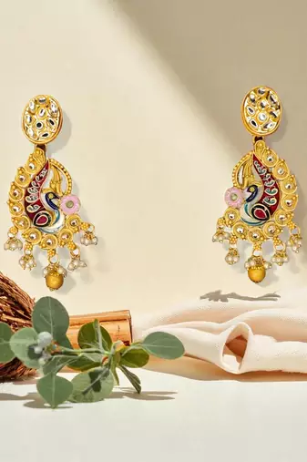 Golden glamer gold-tone peacock meenakari earrings with kundan & pearl drops – traditional ethnic jewellery for women"