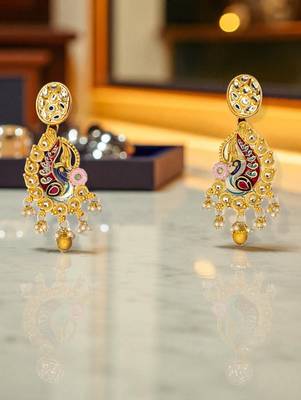 Golden glamer gold-tone peacock meenakari earrings with kundan & pearl drops – traditional ethnic jewellery for women" 3