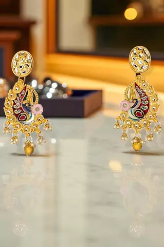 Golden glamer gold-tone peacock meenakari earrings with kundan & pearl drops – traditional ethnic jewellery for women"