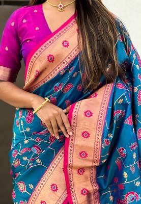 Blue paithani jaal silk blend zari woven saree 4