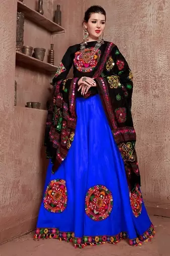Blue Gujarati Gamthi Hand Embroidered Cotton Indian Traditional Dandiya Raas Garba Lehenga Choli For Navratri