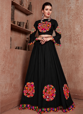 black mirror-work navratri chaniya choli with bell-sleeve blouse garba dress for women 3