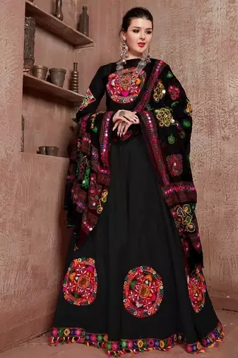 Black Mirror-Work Navratri Chaniya Choli with Bell-Sleeve Blouse Garba Dress for women