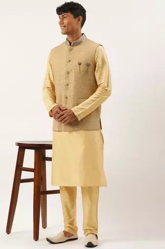 Gold jacquard jacket with gold kurta