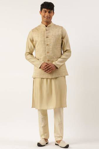 Gold checkered textured jacket with gold kurta