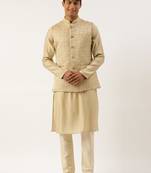 Gold checkered textured jacket with gold kurta