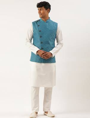 Teal blue cotton jacket with white kurta 1