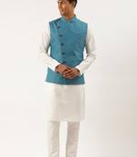 Teal blue cotton jacket with white kurta