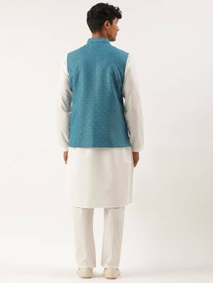 Teal blue cotton jacket with white kurta 2