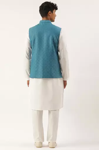 Teal blue cotton jacket with white kurta