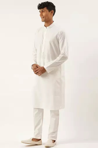 Teal blue cotton jacket with white kurta