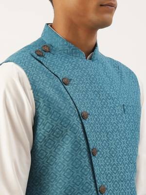 Teal blue cotton jacket with white kurta 4