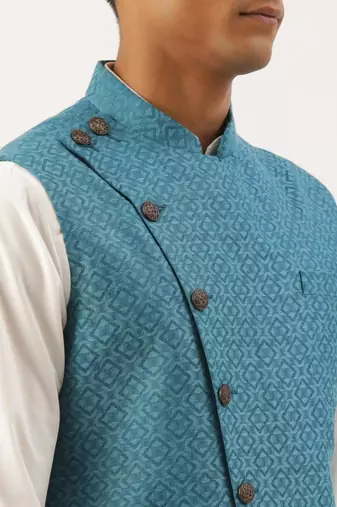 Teal blue cotton jacket with white kurta