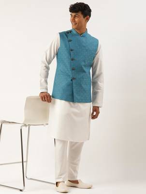 Teal blue cotton jacket with white kurta 5