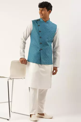 Teal blue cotton jacket with white kurta