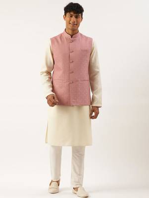 Old rose cotton jacquard jacket with cotton kurta 1