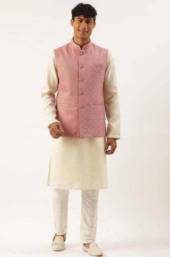 Old rose cotton jacquard jacket with cotton kurta