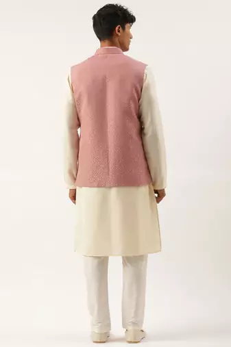 Old rose cotton jacquard jacket with cotton kurta