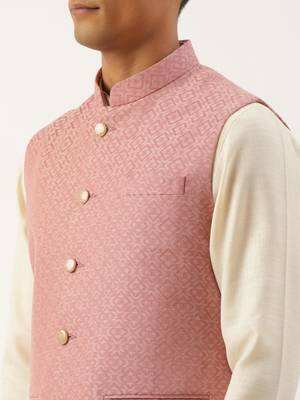 Old rose cotton jacquard jacket with cotton kurta 4