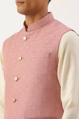 Old rose cotton jacquard jacket with cotton kurta