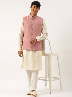 Old rose cotton jacquard jacket with cotton kurta 5