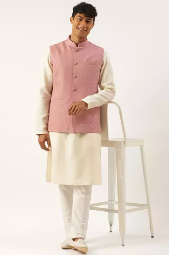 Old rose cotton jacquard jacket with cotton kurta