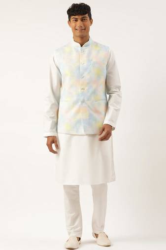 Multicolor tiedye cotton jacket with yellow self design premium cotton kurta