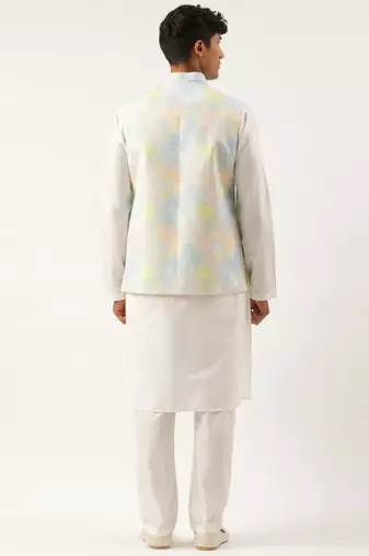 Multicolor tiedye cotton jacket with yellow self design premium cotton kurta