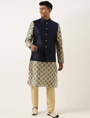 Navy silk jacket with printed kurta set 1
