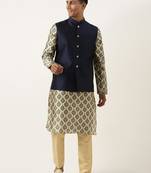 Navy silk jacket with printed kurta set