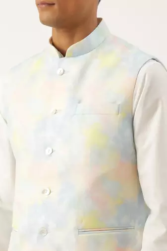 Multicolor tiedye cotton jacket with yellow self design premium cotton kurta