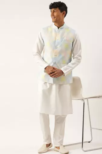 Multicolor tiedye cotton jacket with yellow self design premium cotton kurta