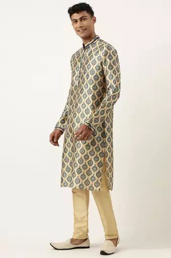 Navy silk jacket with printed kurta set