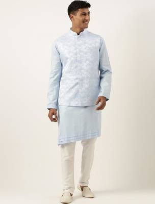 Powder blue jacquard jacket w blue cotton kurta 1