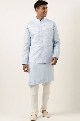 Powder blue jacquard jacket w blue cotton kurta