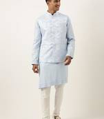Powder blue jacquard jacket w blue cotton kurta
