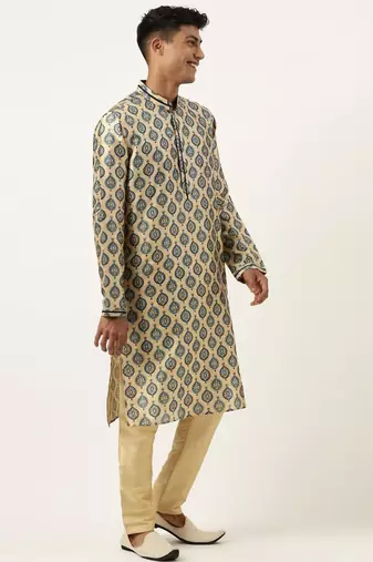Navy silk jacket with printed kurta set