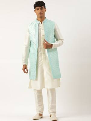 Turquise mirror embroidery open jacket kurta set 1