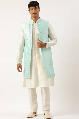 Turquise mirror embroidery open jacket kurta set