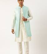 Turquise mirror embroidery open jacket kurta set