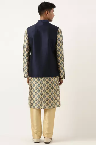 Navy silk jacket with printed kurta set